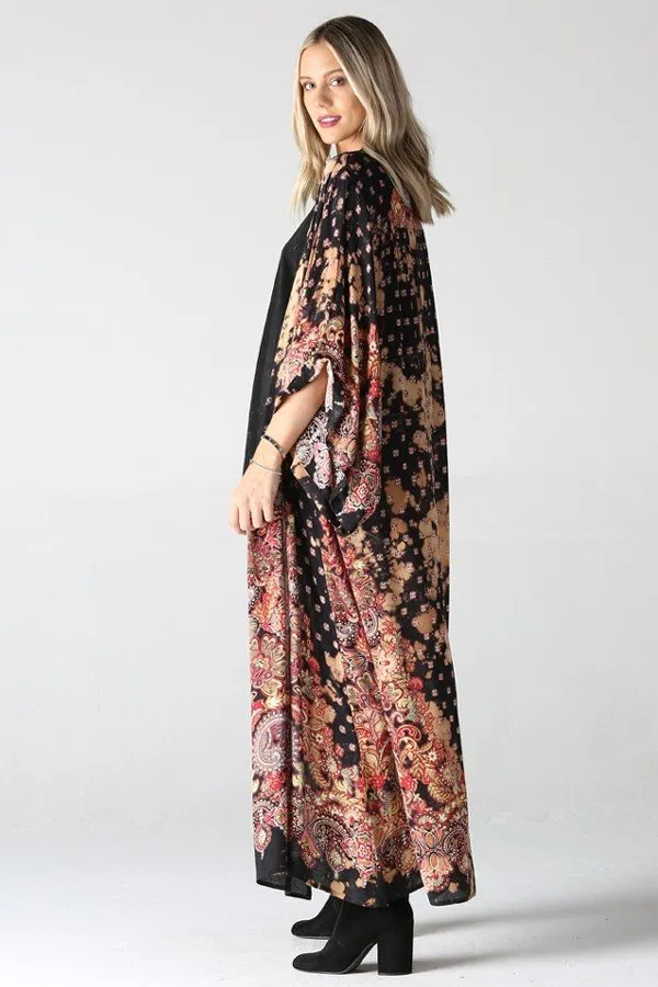 Black Floral Maxi Long Kimono
