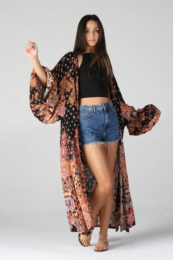Black Floral Maxi Long Kimono