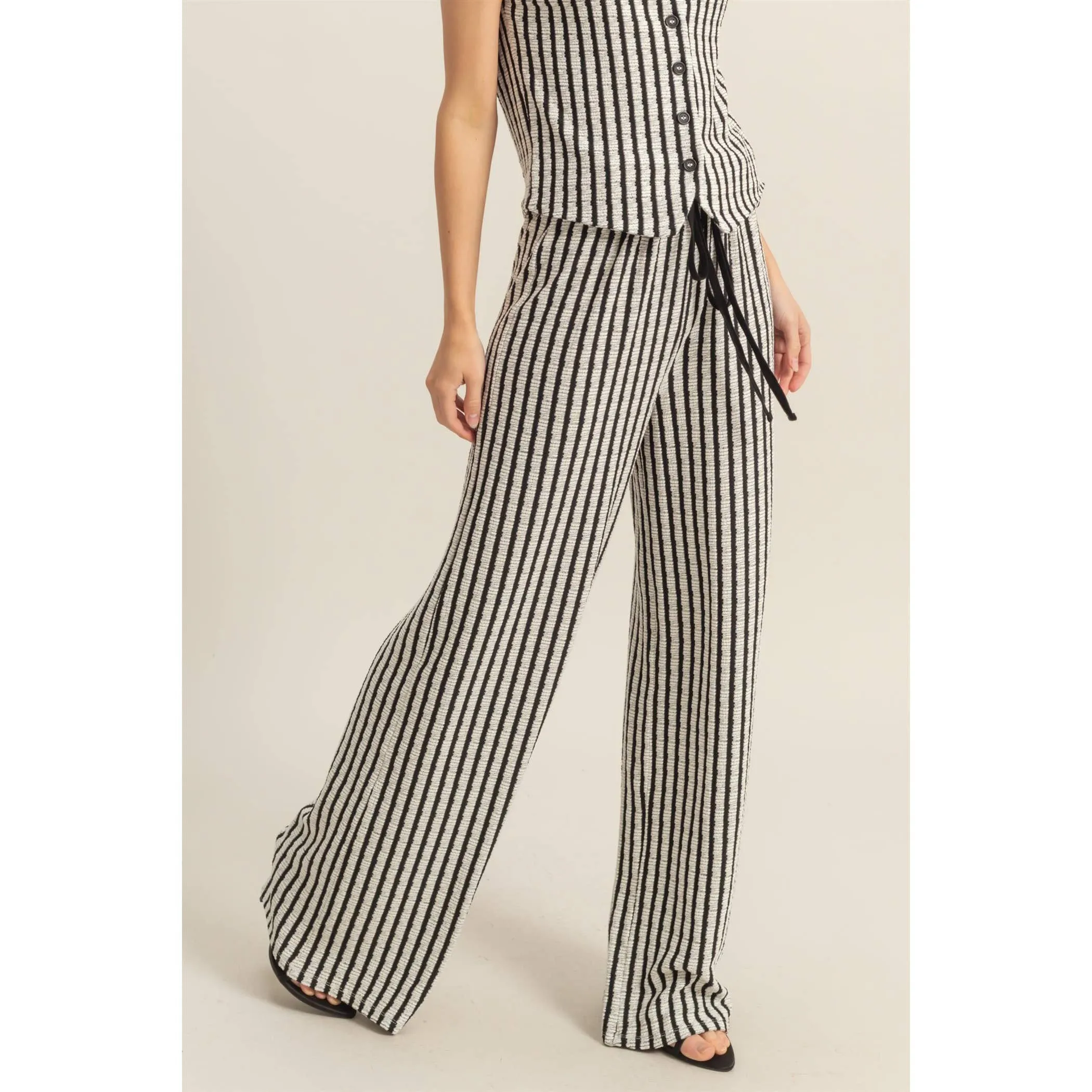 Black High Waist Drawstring Striped Knit HYFVE Pants