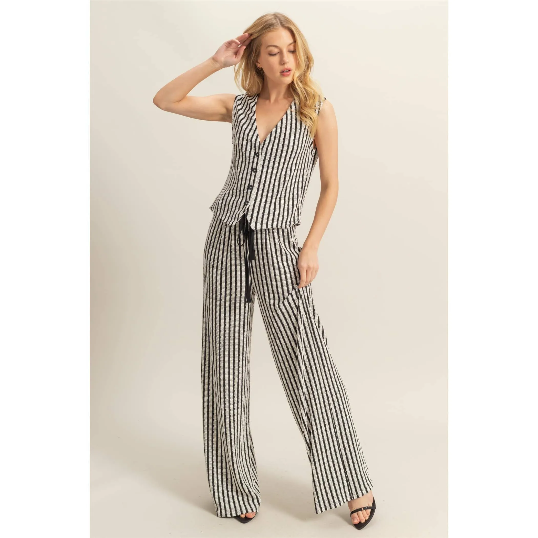 Black High Waist Drawstring Striped Knit HYFVE Pants