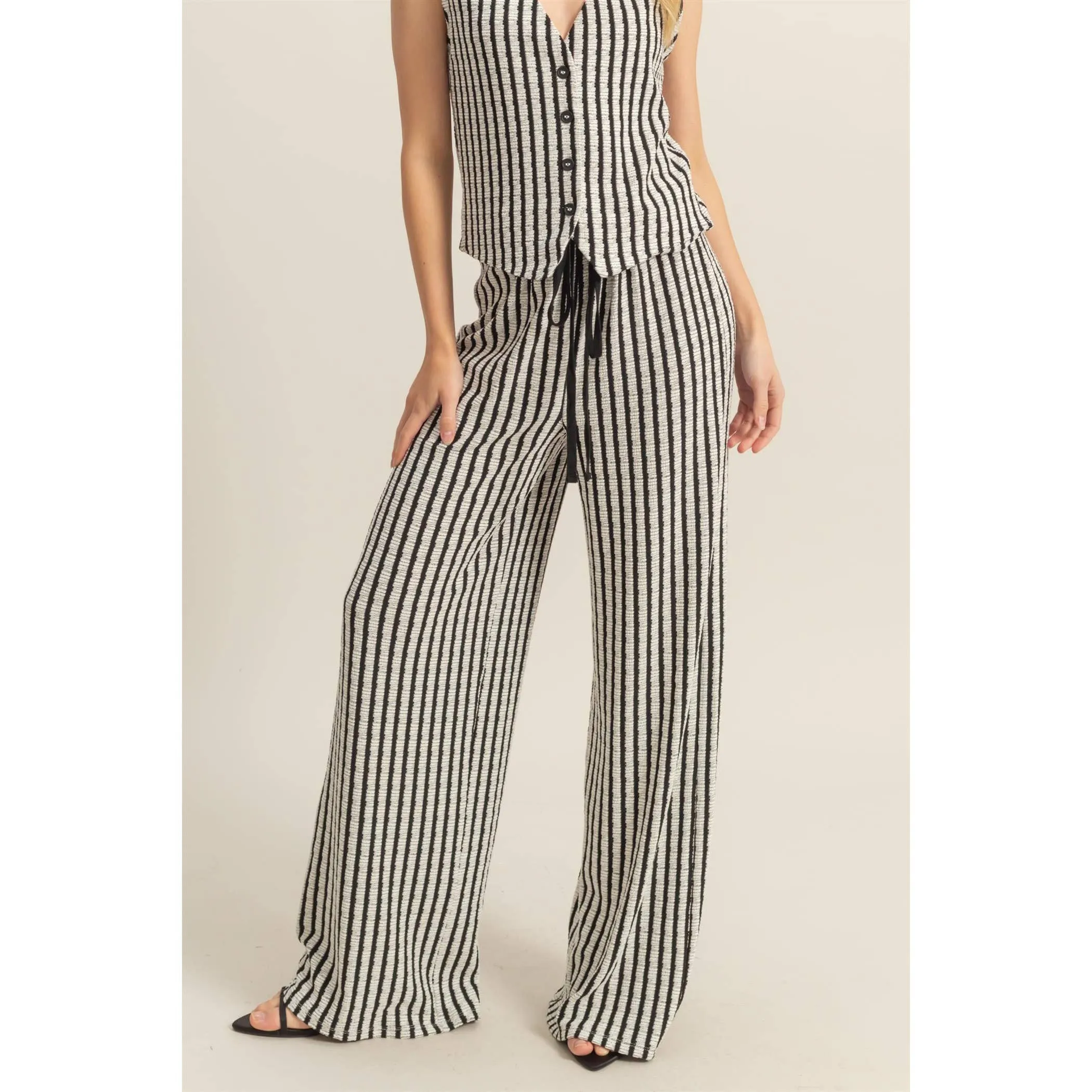 Black High Waist Drawstring Striped Knit HYFVE Pants