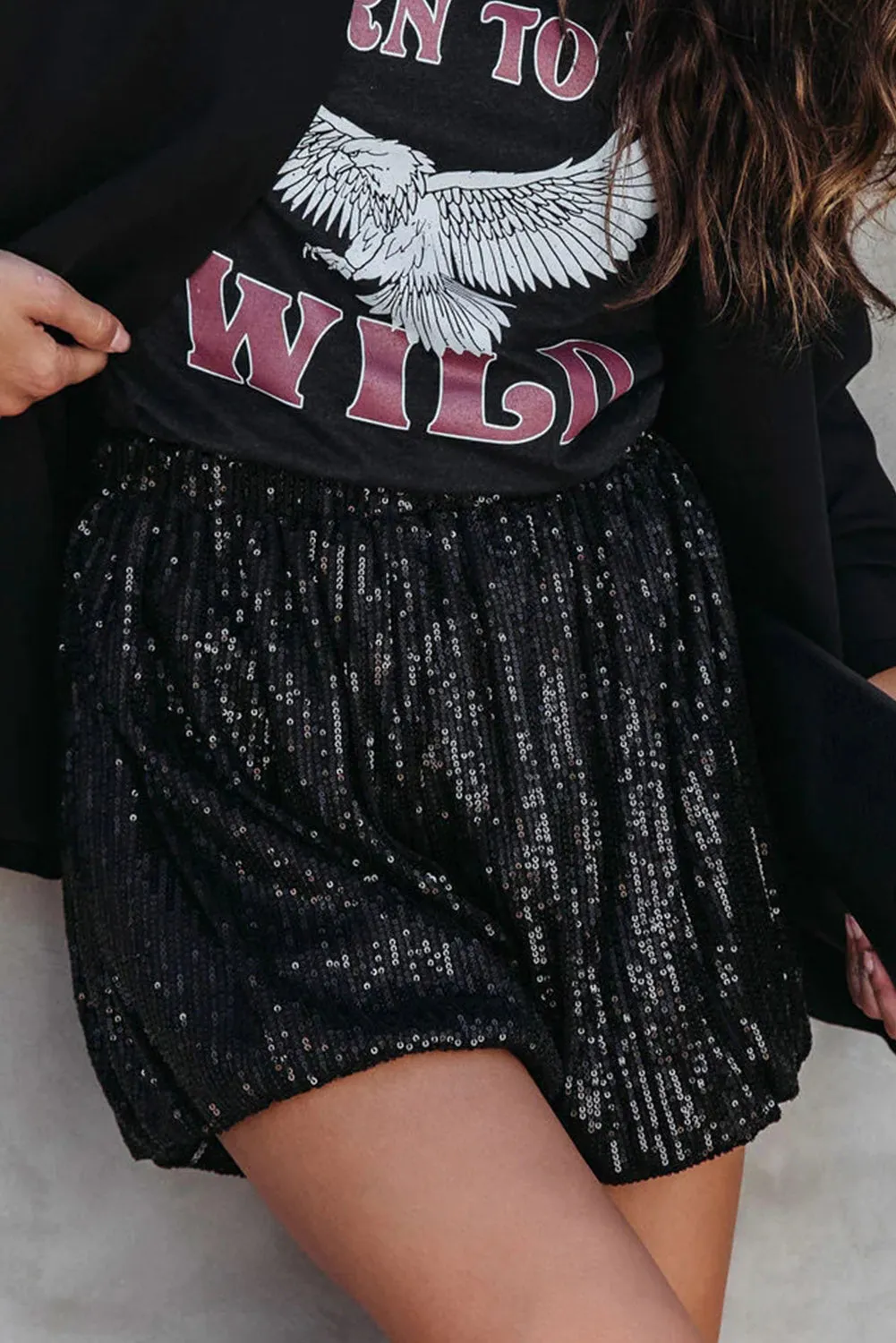 Black Sequin Straight Leg High Waist Casual Shorts
