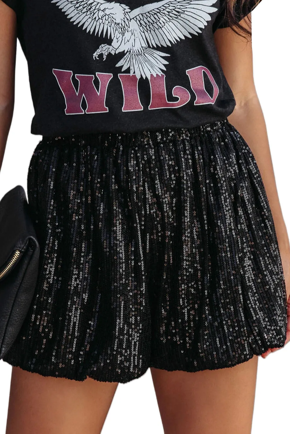 Black Sequin Straight Leg High Waist Casual Shorts