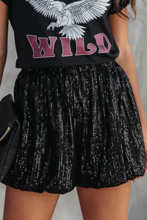Black Sequin Straight Leg High Waist Casual Shorts