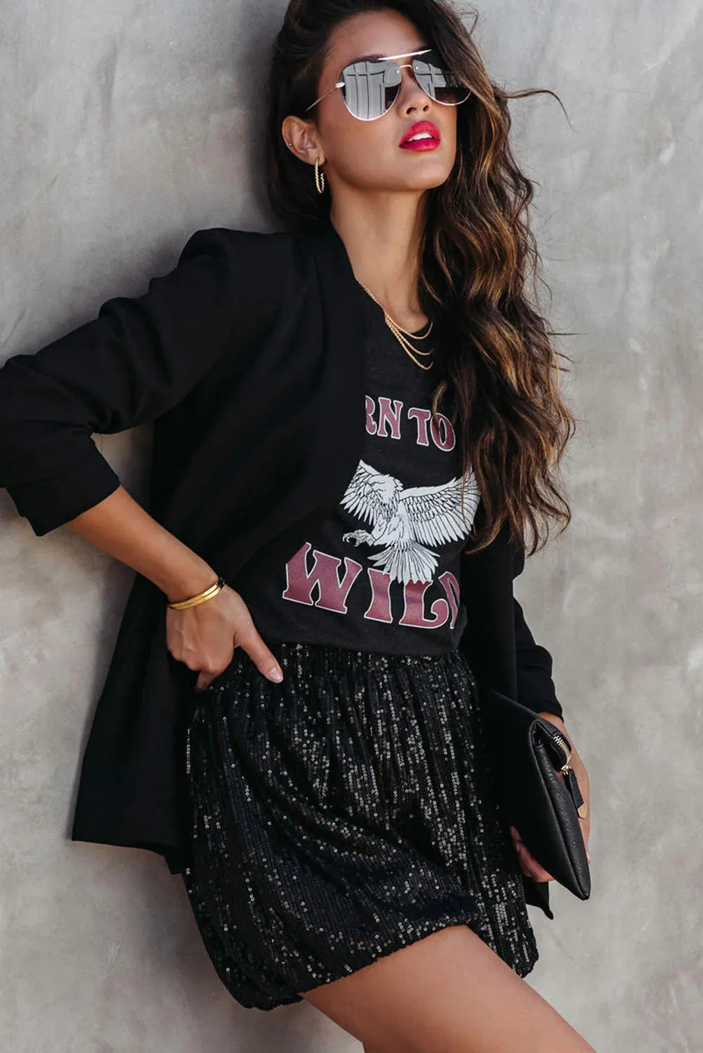 Black Sequin Straight Leg High Waist Casual Shorts