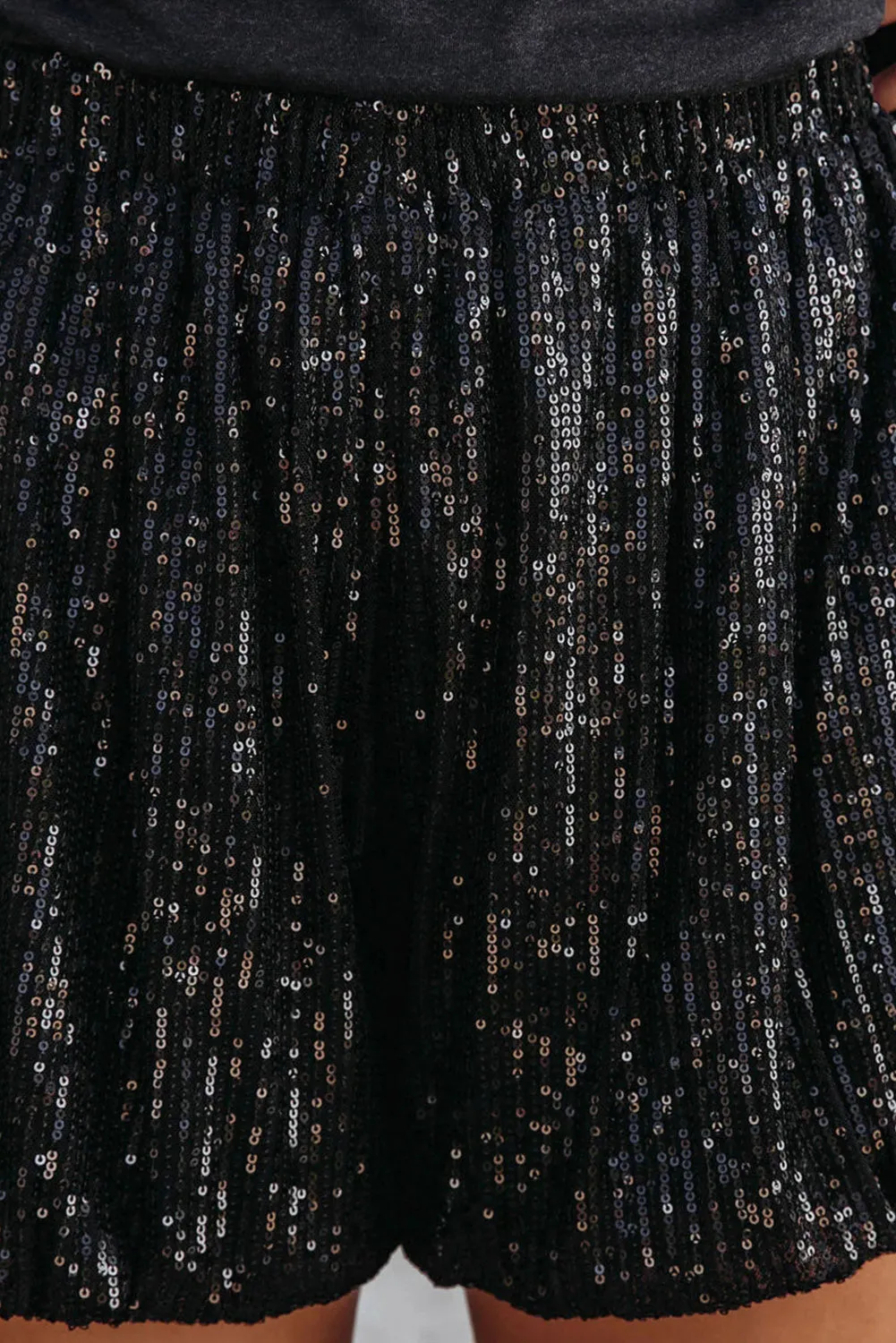 Black Sequin Straight Leg High Waist Casual Shorts