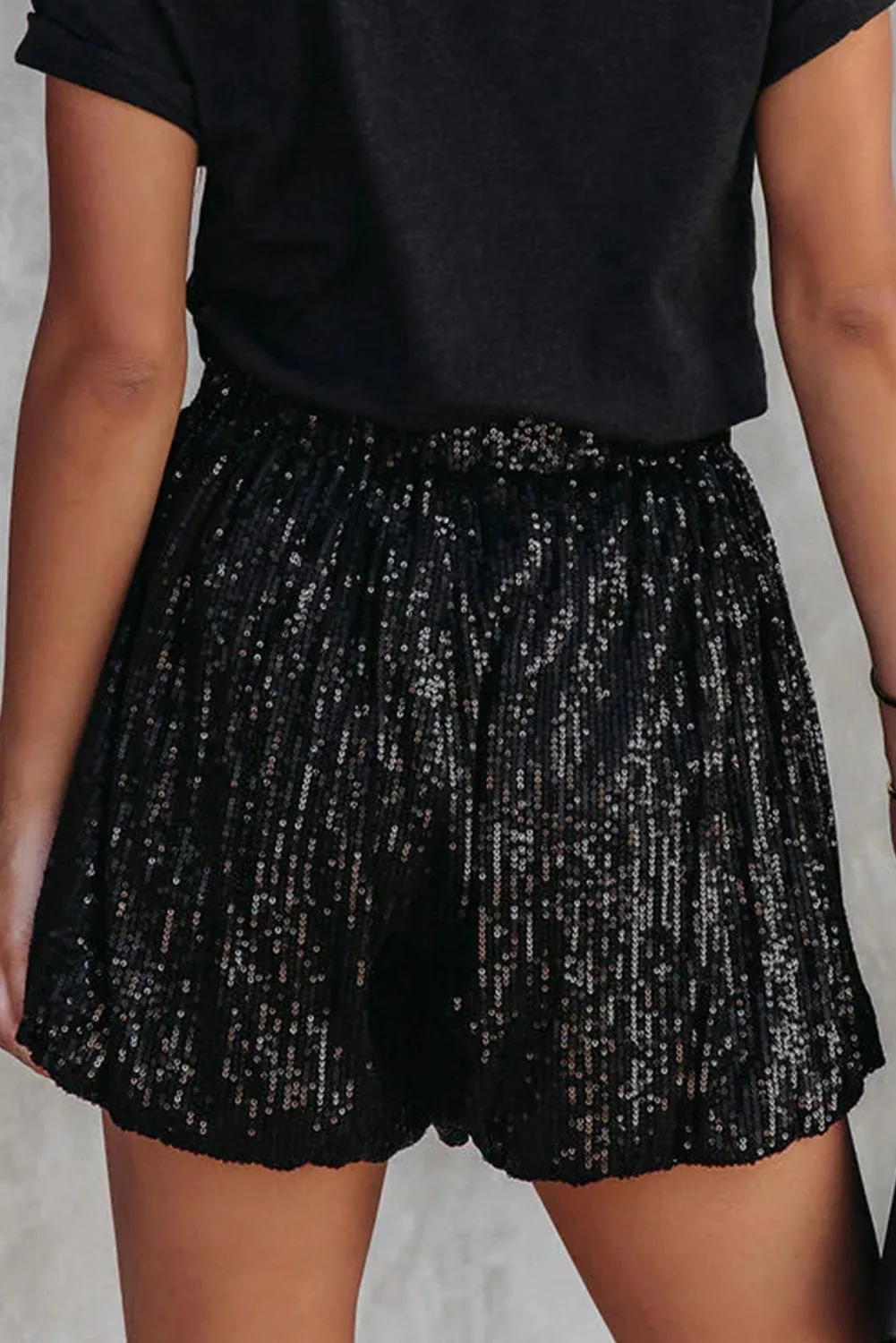 Black Sequin Straight Leg High Waist Casual Shorts