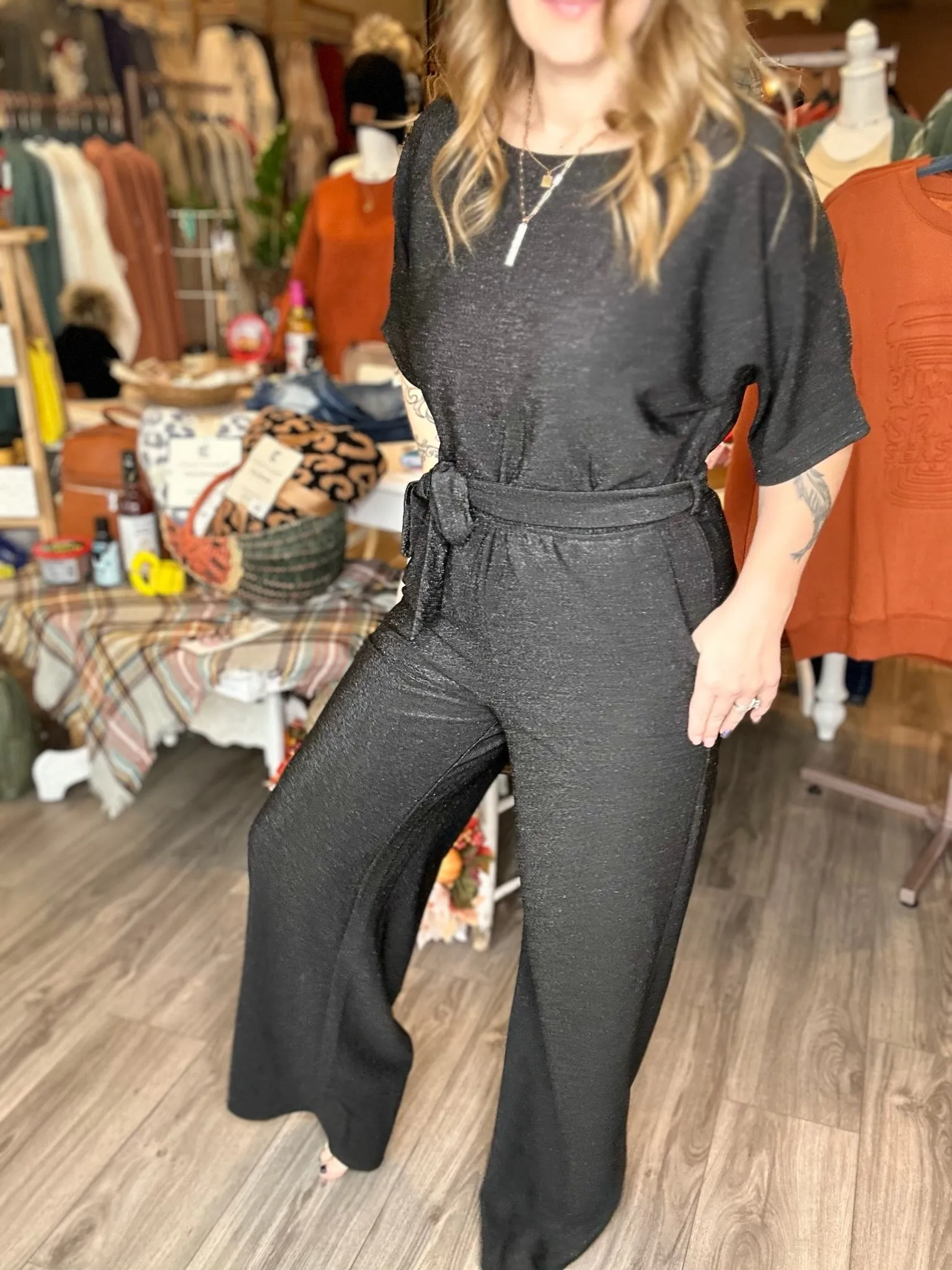 Black Sparkle Boat Neck JumpSuit