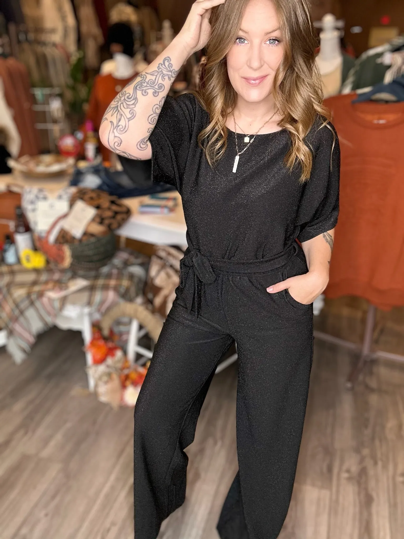 Black Sparkle Boat Neck JumpSuit