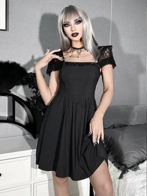Black Strap A-Line Retro Halara Gothic Harajuku Linen Chic Waist-in Sleeve Lace Peasant Elegant Outfit