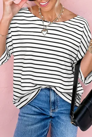 Black Stripe Half Sleeve Scoop Neck Loose Top