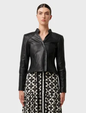 Blaire Leather Herringbone Stitch Detail Jacket - Black