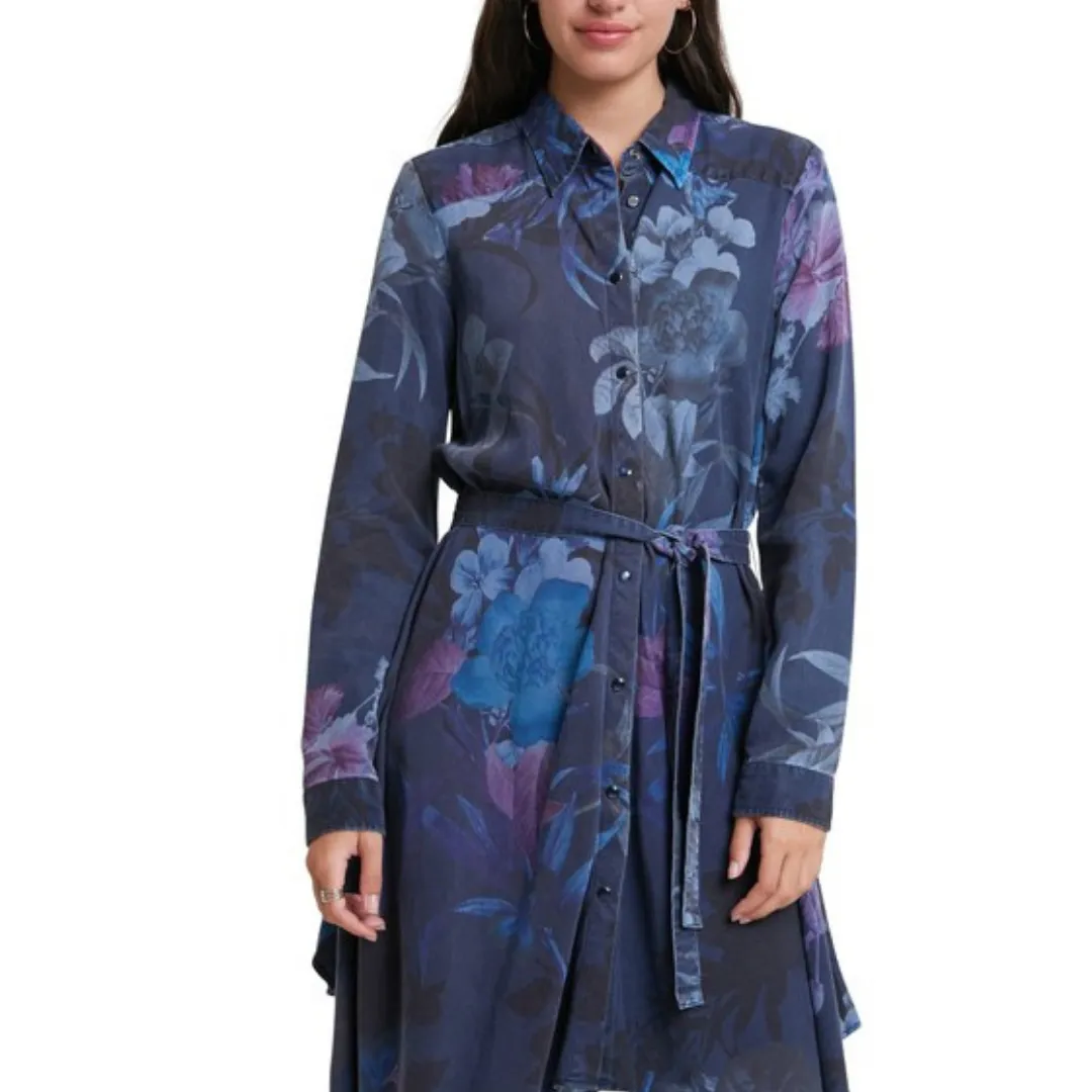 Blue Floral Shirt Collar Dress
