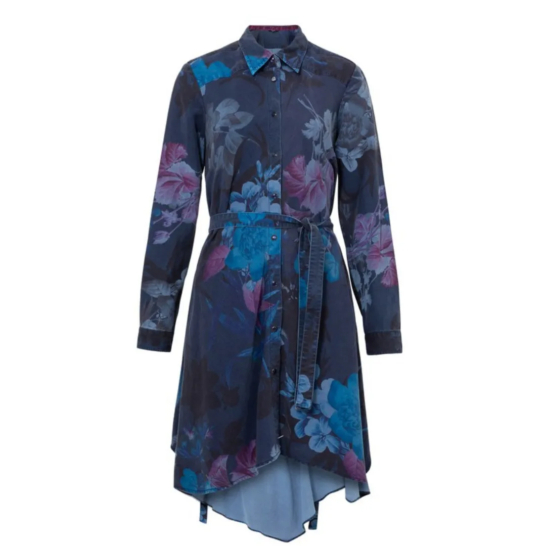 Blue Floral Shirt Collar Dress