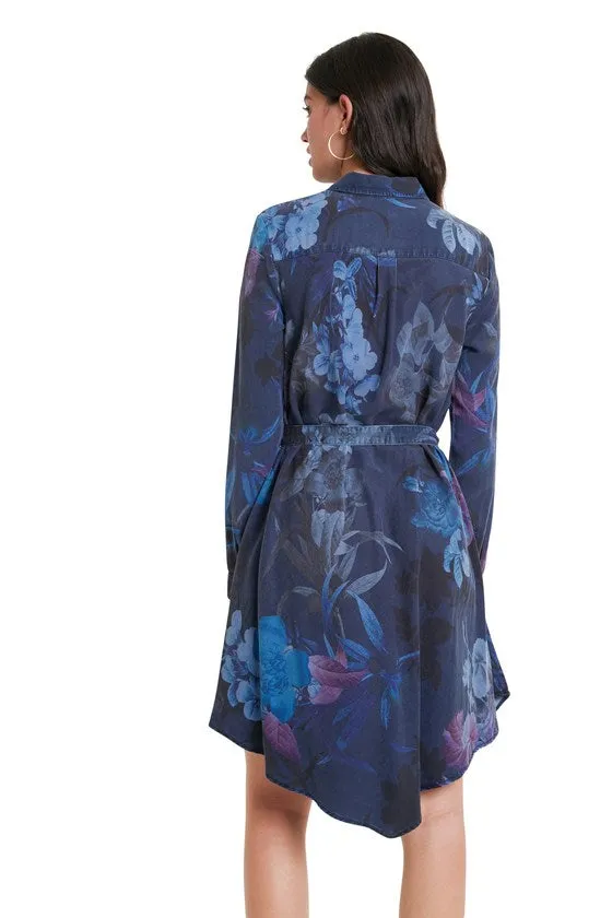 Blue Floral Shirt Collar Dress