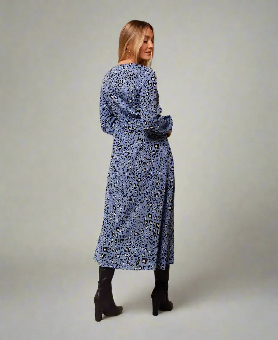 Blue Leopard Print Empire Waist Midi Dress