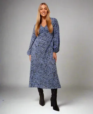 Blue Leopard Print Empire Waist Midi Dress