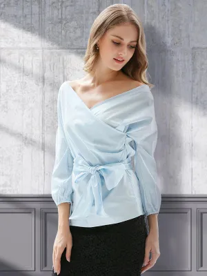 Blue Off-Shoulder Wrap Top