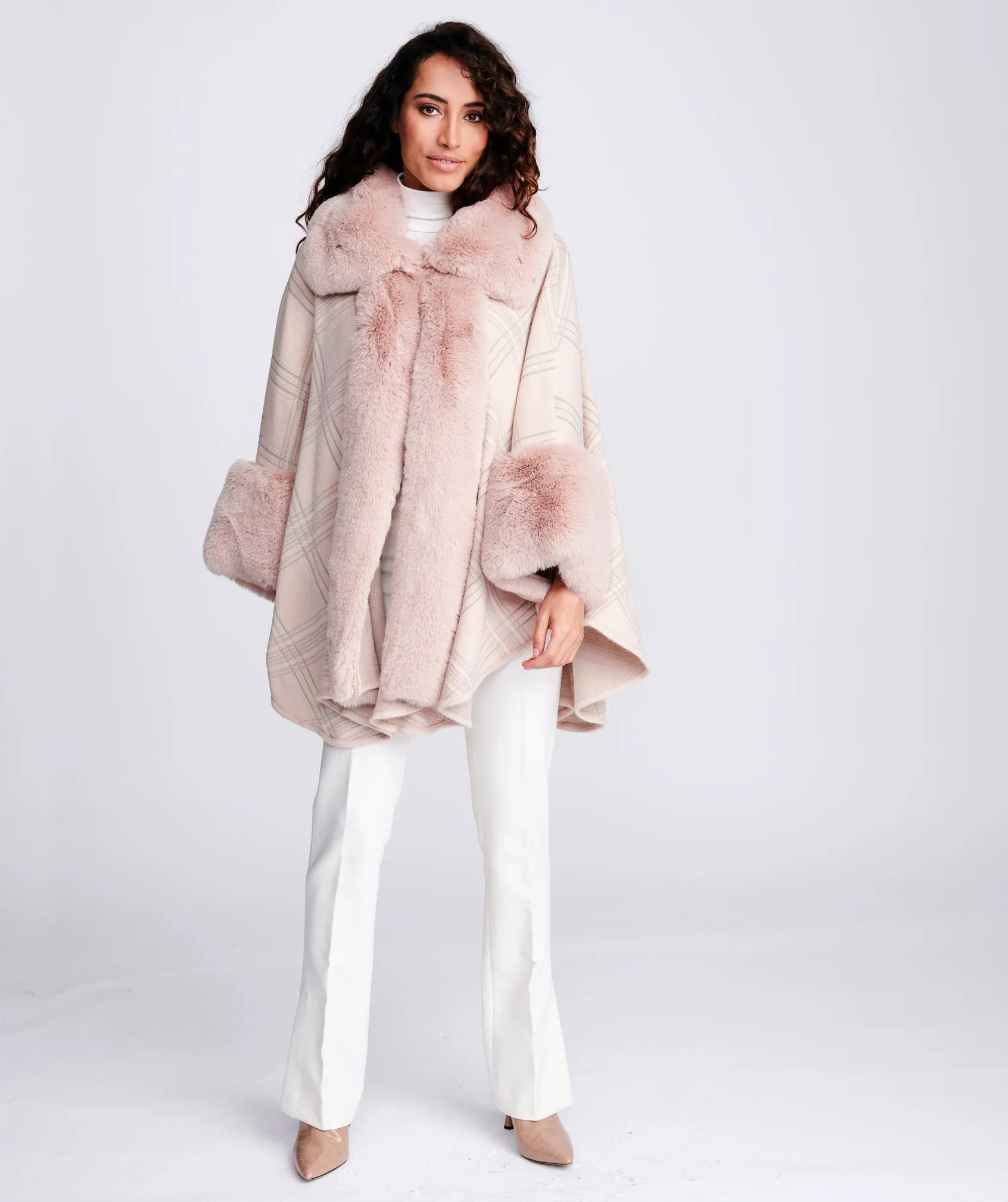 Blush Pink Luxury Faux Fur Check Cape