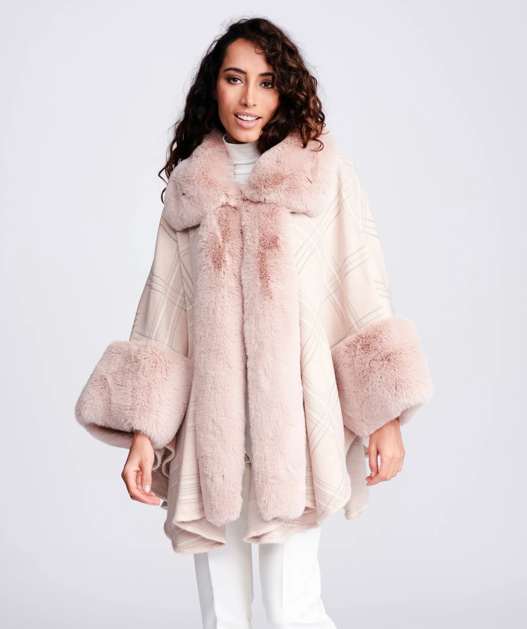 Blush Pink Luxury Faux Fur Check Cape