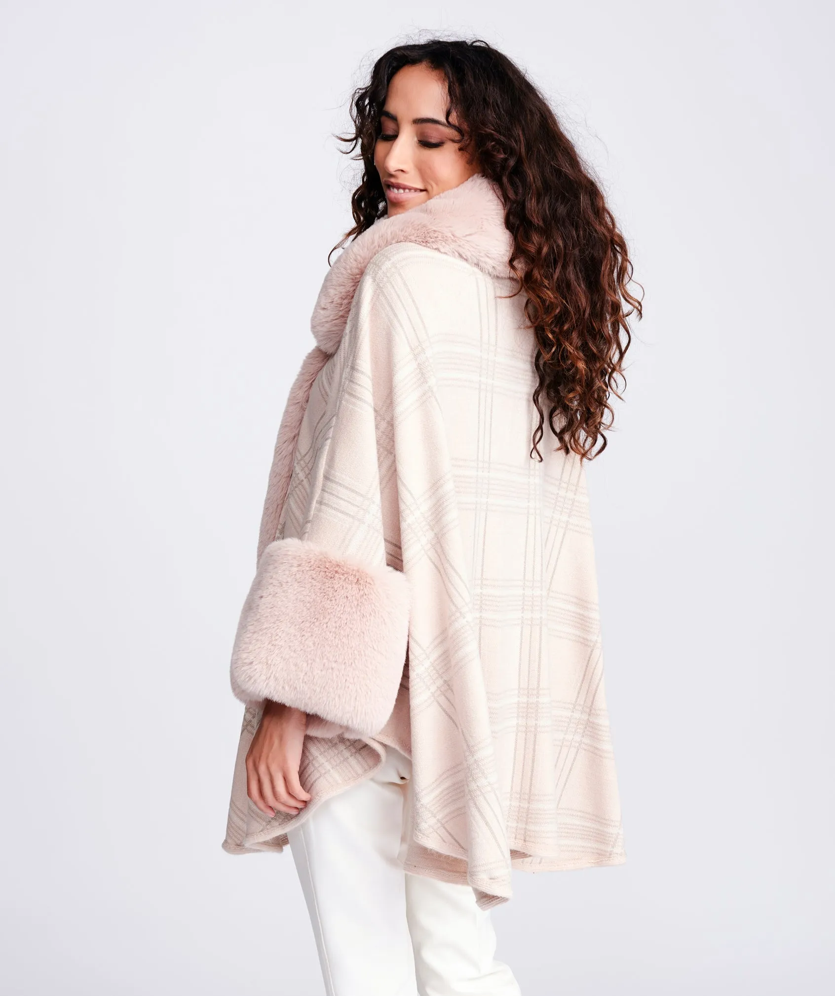 Blush Pink Luxury Faux Fur Check Cape