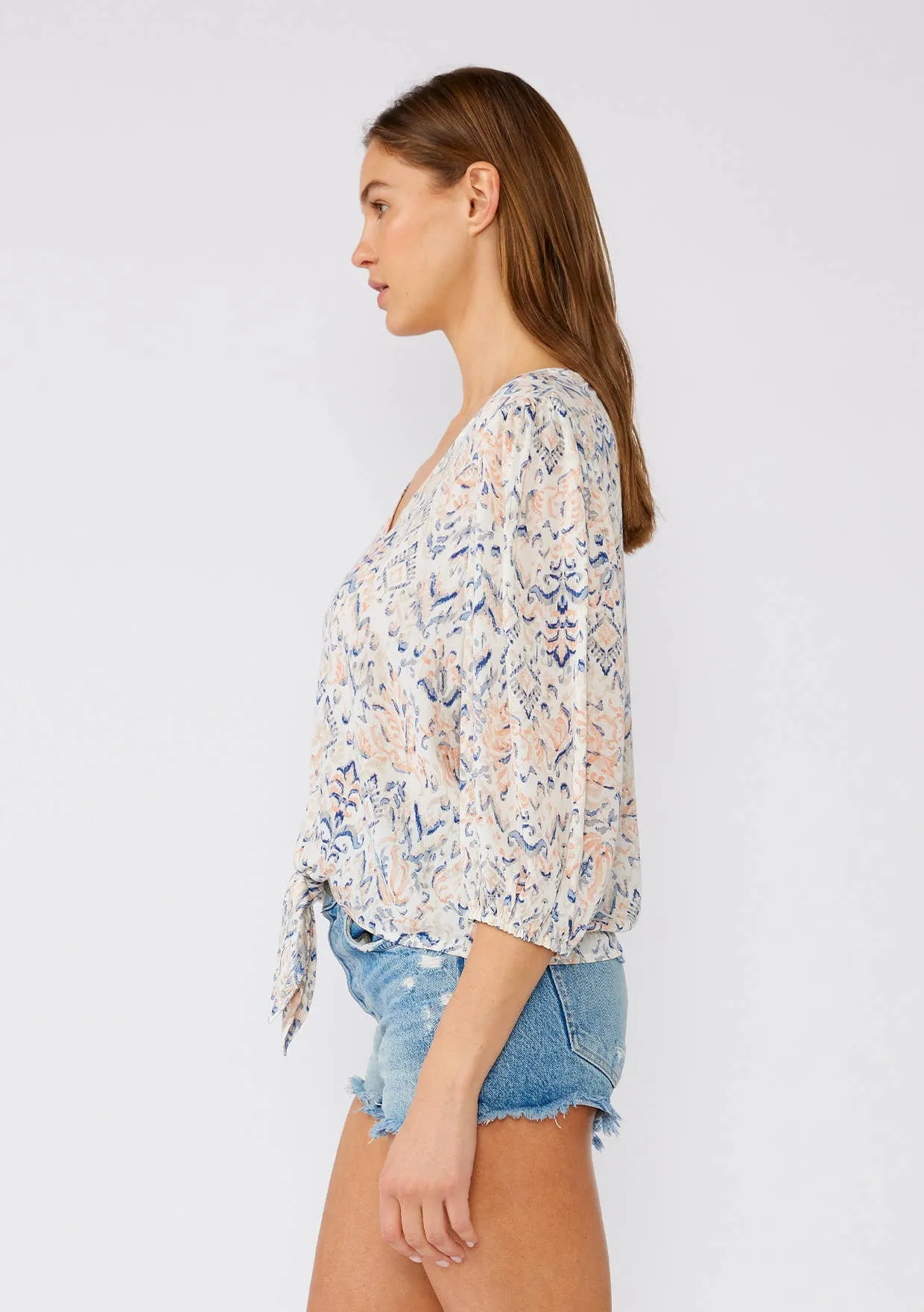 Bohemian 3/4 Sleeve V Neck Tie Front Blouse