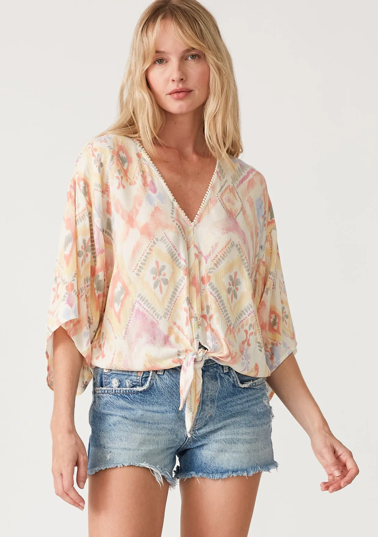 Bohemian Half Sleeve Tie Front V Neck Top