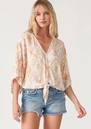 Bohemian Half Sleeve Tie Front V Neck Top
