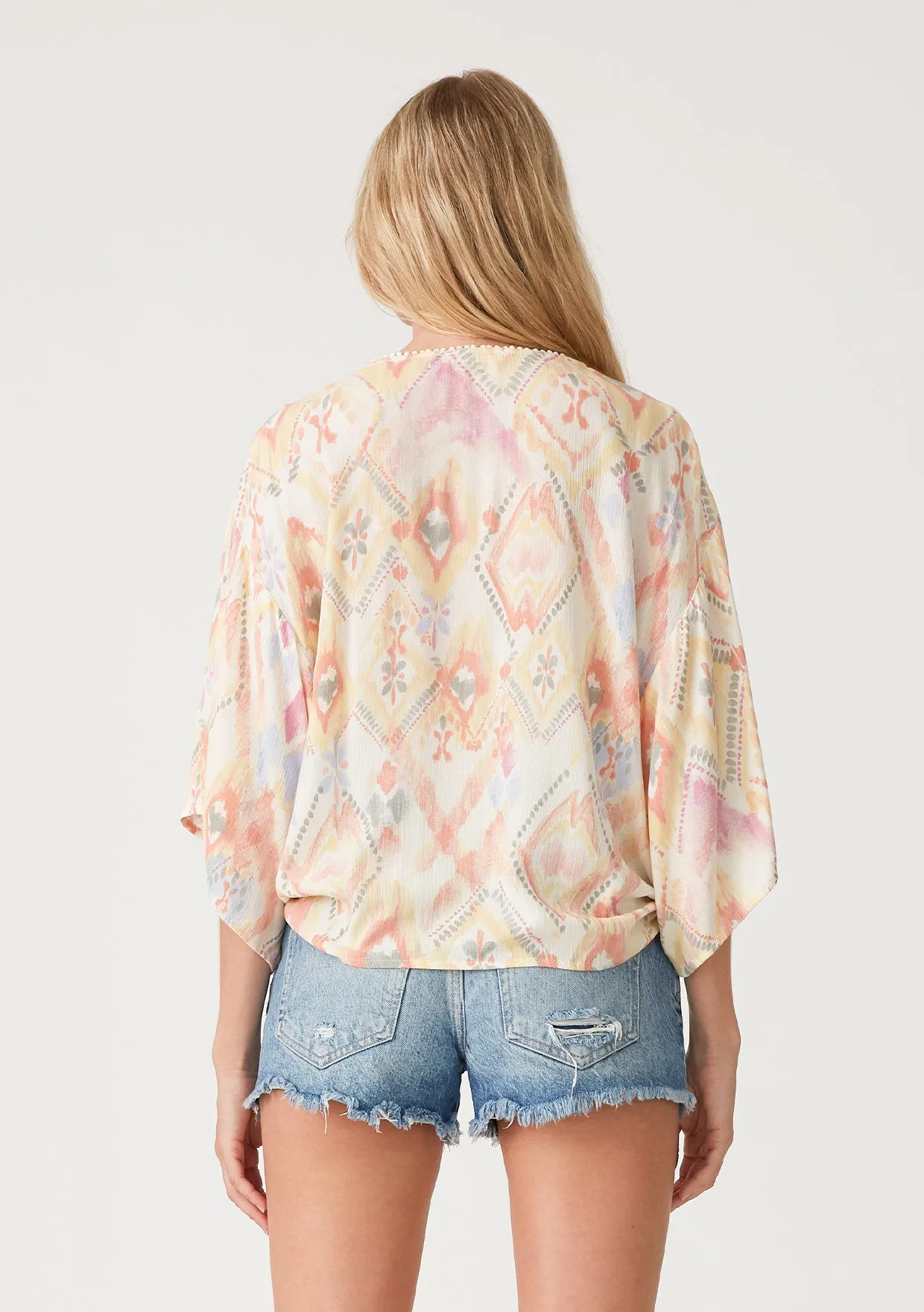 Bohemian Half Sleeve Tie Front V Neck Top