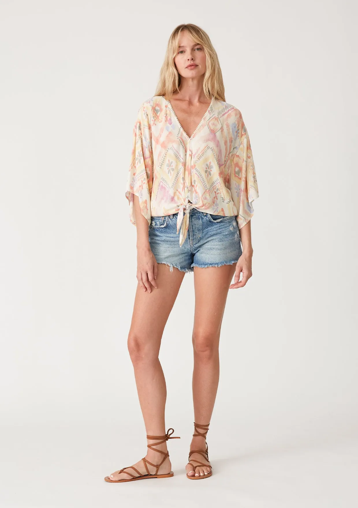 Bohemian Half Sleeve Tie Front V Neck Top