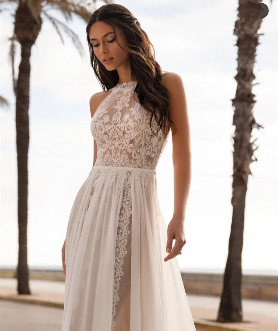 Bohemian Lace And Chiffon Sleeveless  Backless Halter Top Sweep Train Wedding Dress