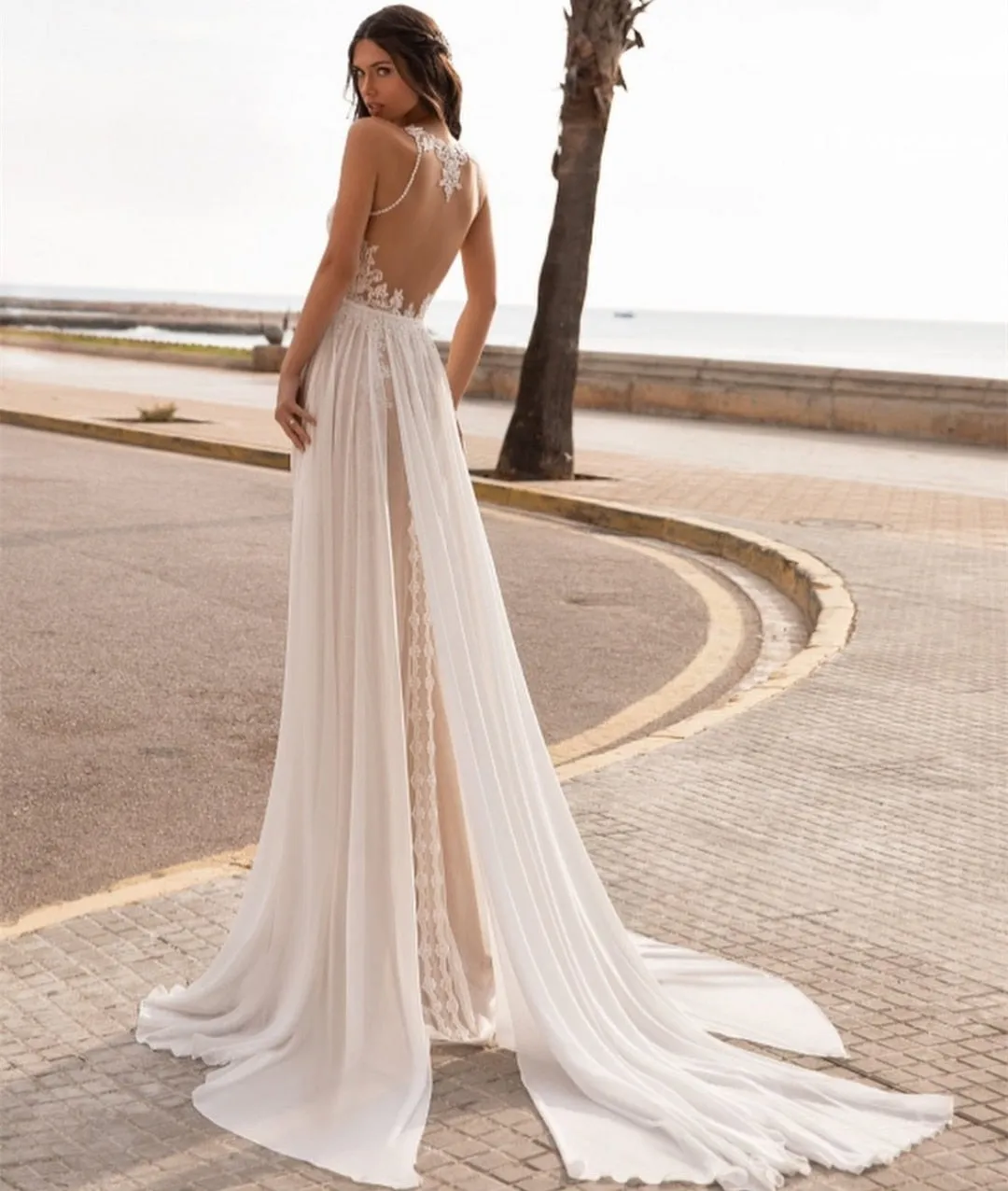 Bohemian Lace And Chiffon Sleeveless  Backless Halter Top Sweep Train Wedding Dress