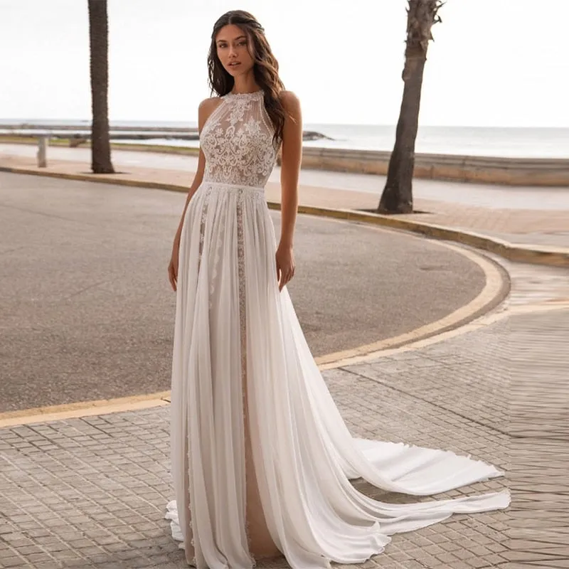 Bohemian Lace And Chiffon Sleeveless  Backless Halter Top Sweep Train Wedding Dress