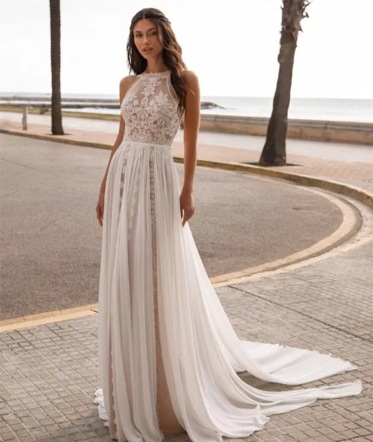Bohemian Lace And Chiffon Sleeveless  Backless Halter Top Sweep Train Wedding Dress