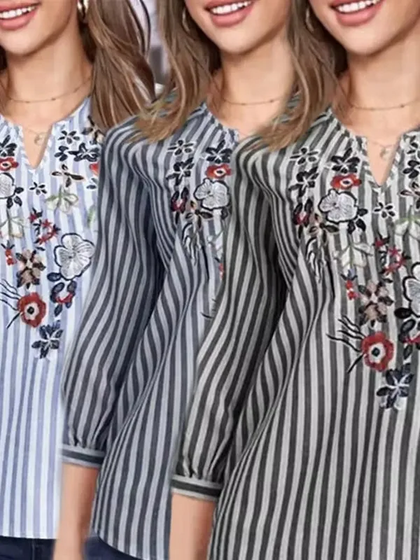 Bohemian Striped Shirt Work Tops Blouse