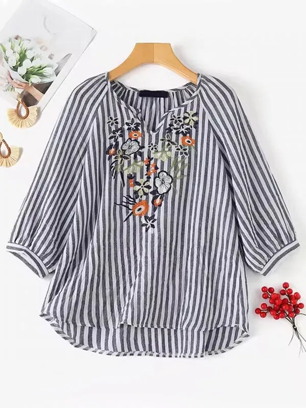 Bohemian Striped Shirt Work Tops Blouse