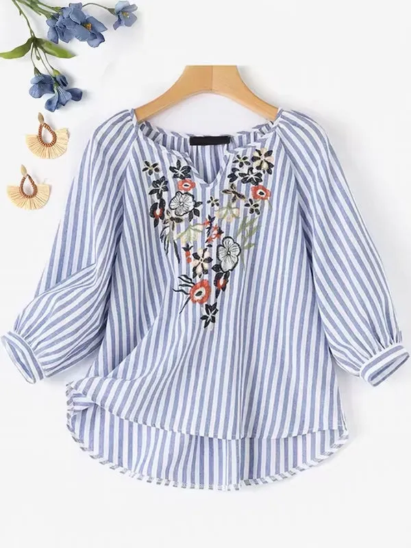 Bohemian Striped Shirt Work Tops Blouse
