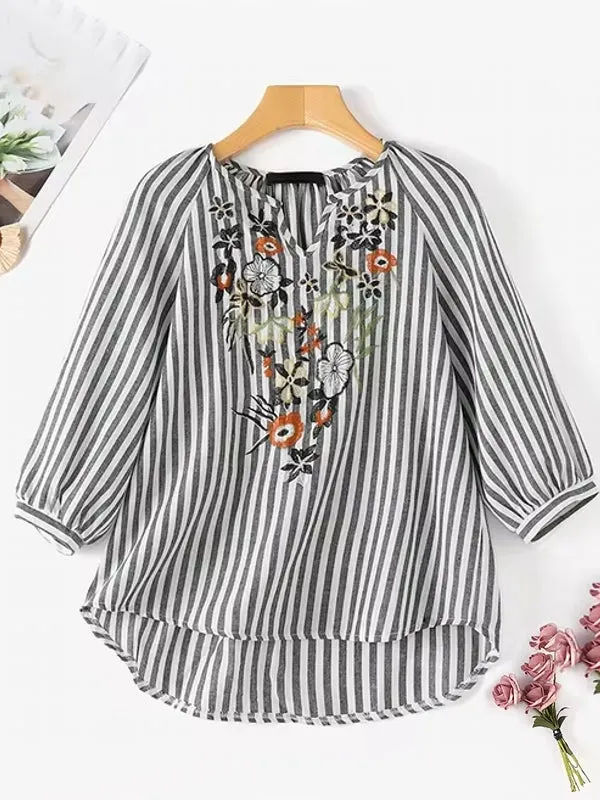 Bohemian Striped Shirt Work Tops Blouse