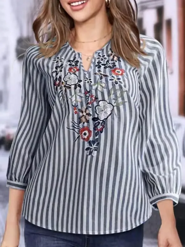 Bohemian Striped Shirt Work Tops Blouse