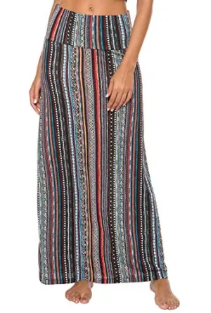 Bohemian Style Elastic Waist Maxi Skirt (Print/Solid, XL-6)