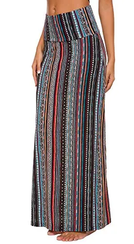 Bohemian Style Elastic Waist Maxi Skirt (Print/Solid, XL-6)