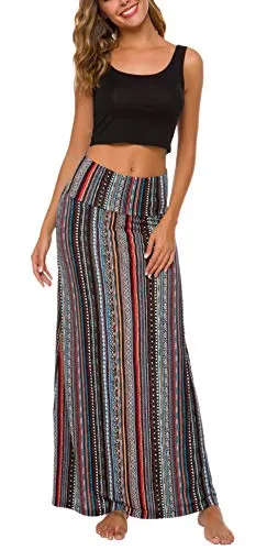 Bohemian Style Elastic Waist Maxi Skirt (Print/Solid, XL-6)
