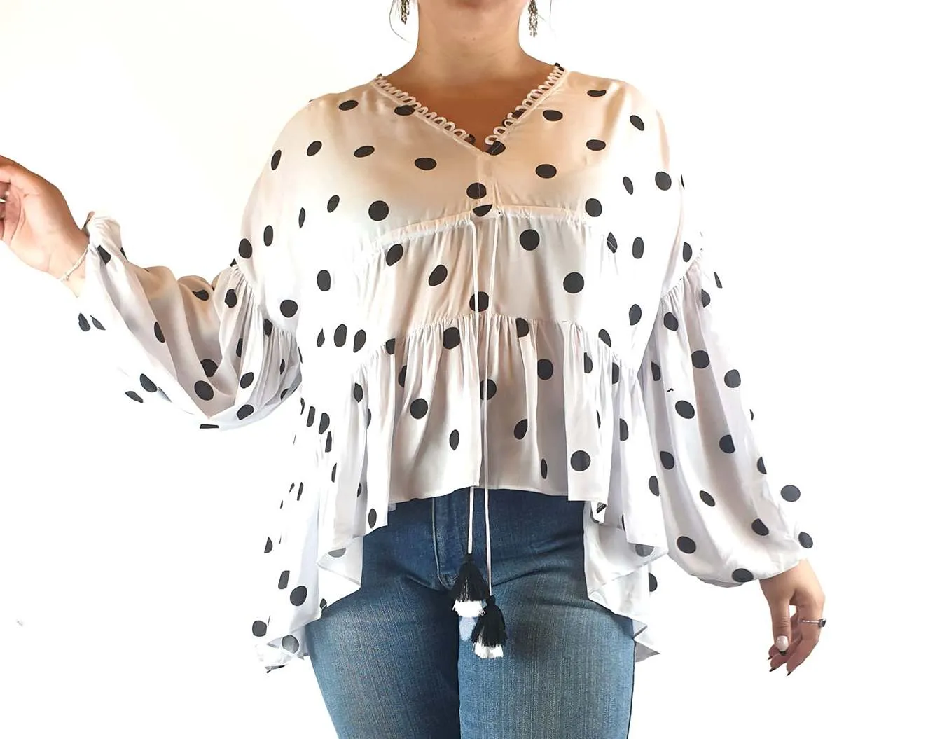 Bohemian Traders white white with black polka dots size L (best fits 16)