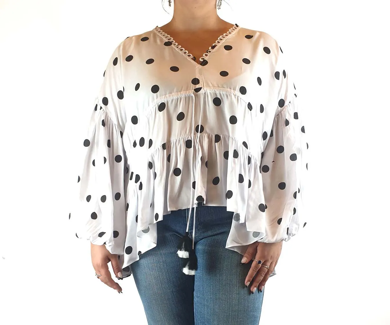 Bohemian Traders white white with black polka dots size L (best fits 16)