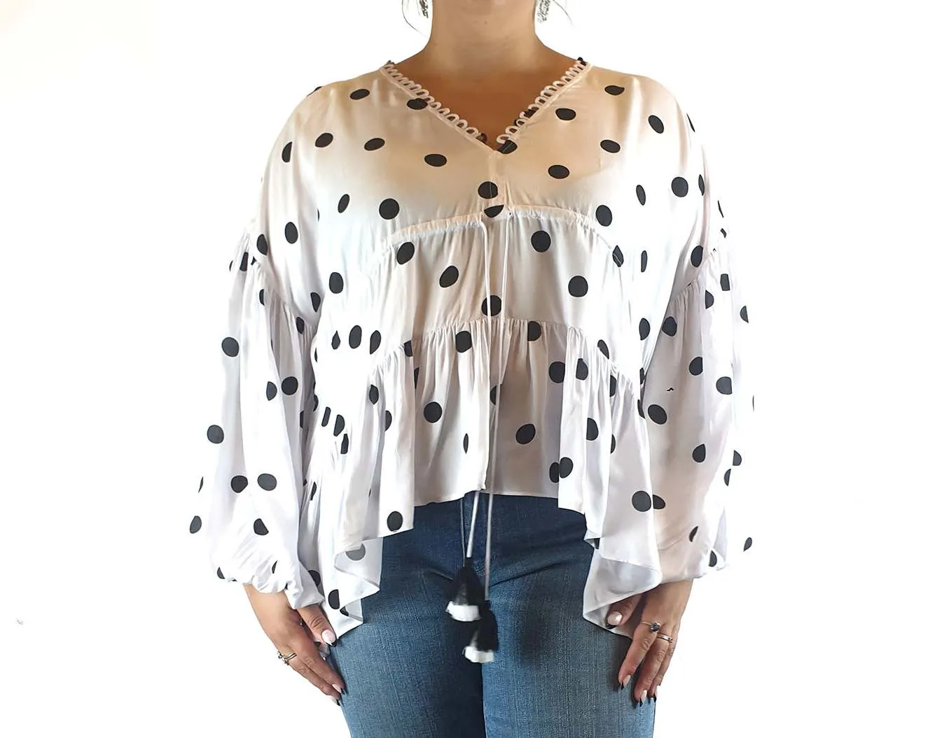 Bohemian Traders white white with black polka dots size L (best fits 16)