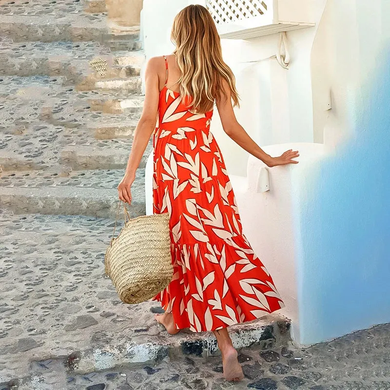 Boho Beach Printed Spaghetti Strap Sexy Backless Sleeveless Sling Vacation Summer Dress