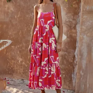 Boho Beach Printed Spaghetti Strap Sexy Backless Sleeveless Sling Vacation Summer Dress