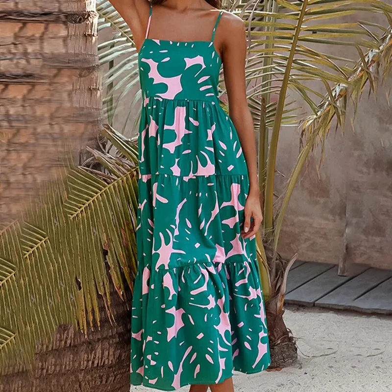 Boho Beach Printed Spaghetti Strap Sexy Backless Sleeveless Sling Vacation Summer Dress