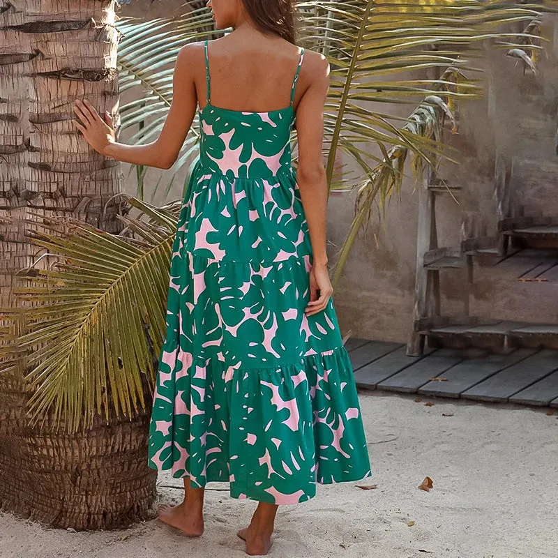 Boho Beach Printed Spaghetti Strap Sexy Backless Sleeveless Sling Vacation Summer Dress