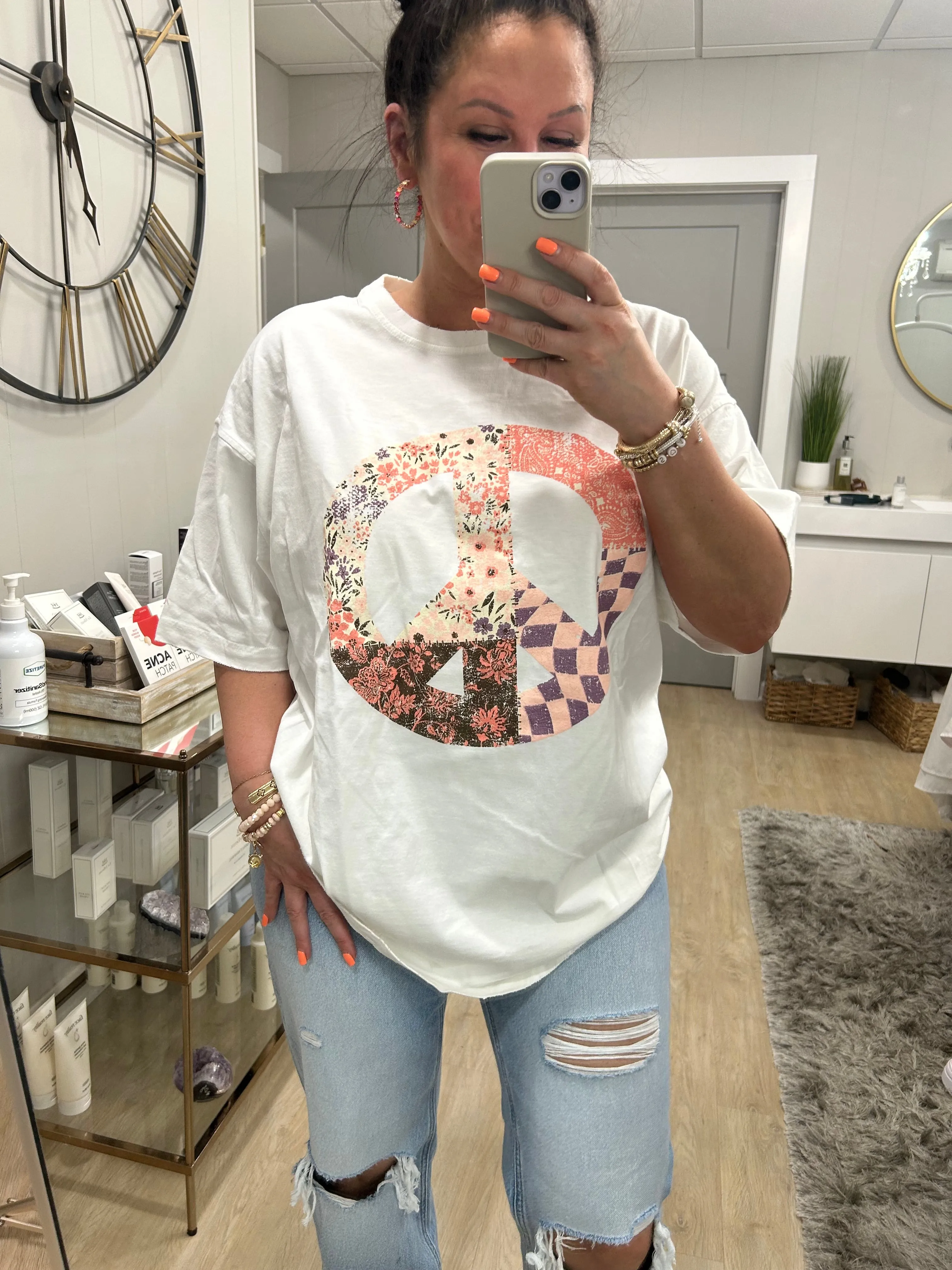 Boho Peace Floral Graphic Oversized Tee
